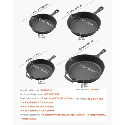 4-delat stekpannaset i gjutjärn, 155 205 260 305 mm, handtag, svart