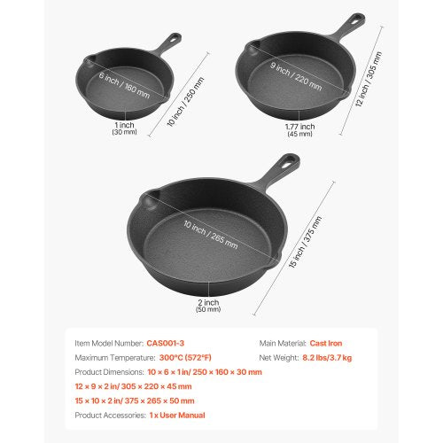3-delars stekpanna i gjutjärn, set med 160, 220, 265 mm handtag, kryddad svart
