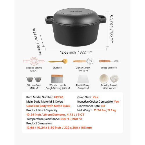 gjutjärnsgryta, 2-i-1-gryta med stekpanna och lock, 4,7 l kokkärl med jäskorg, tillbehör till brödbakning, kompatibel med brödugn 260 ℃ | EU