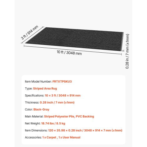 ytterdörrsmatta, 3048 x 914 mm kommersiell golvmatta för inomhus och utomhus, snygg randig industriell matta med PVC-baksida, kraftig tvättbar entrématta för hall, balkong, garage, grå | EU