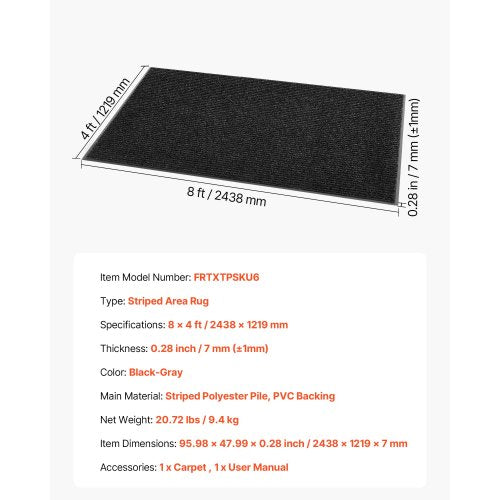 ytterdörrsmatta, 2438 x 1219 mm kommersiell golvmatta för inomhus och utomhus, snygg randig industriell matta med PVC-baksida, kraftig tvättbar entrématta för hall, balkong, garage, grå | EU