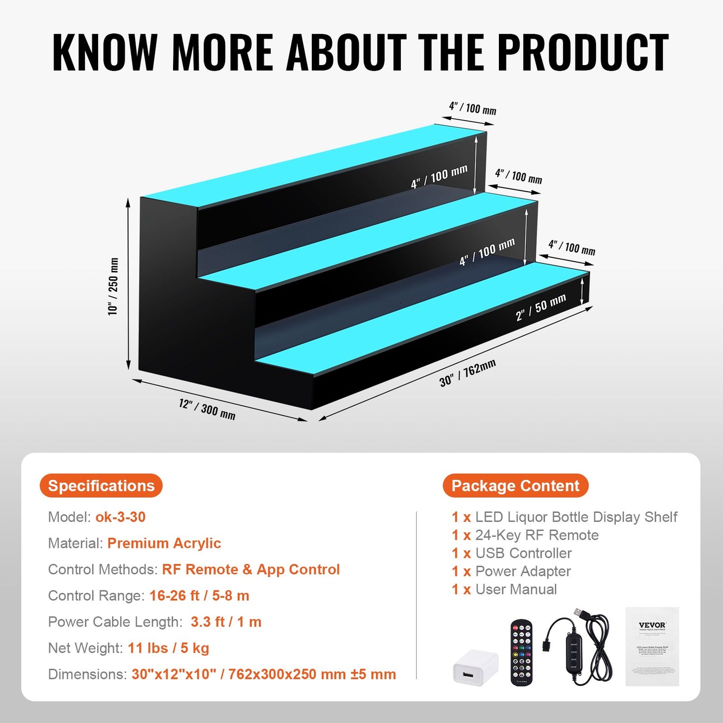 LED-upplyst spritflaska Display Bar Hylla RF & App Control 30" 3-Step