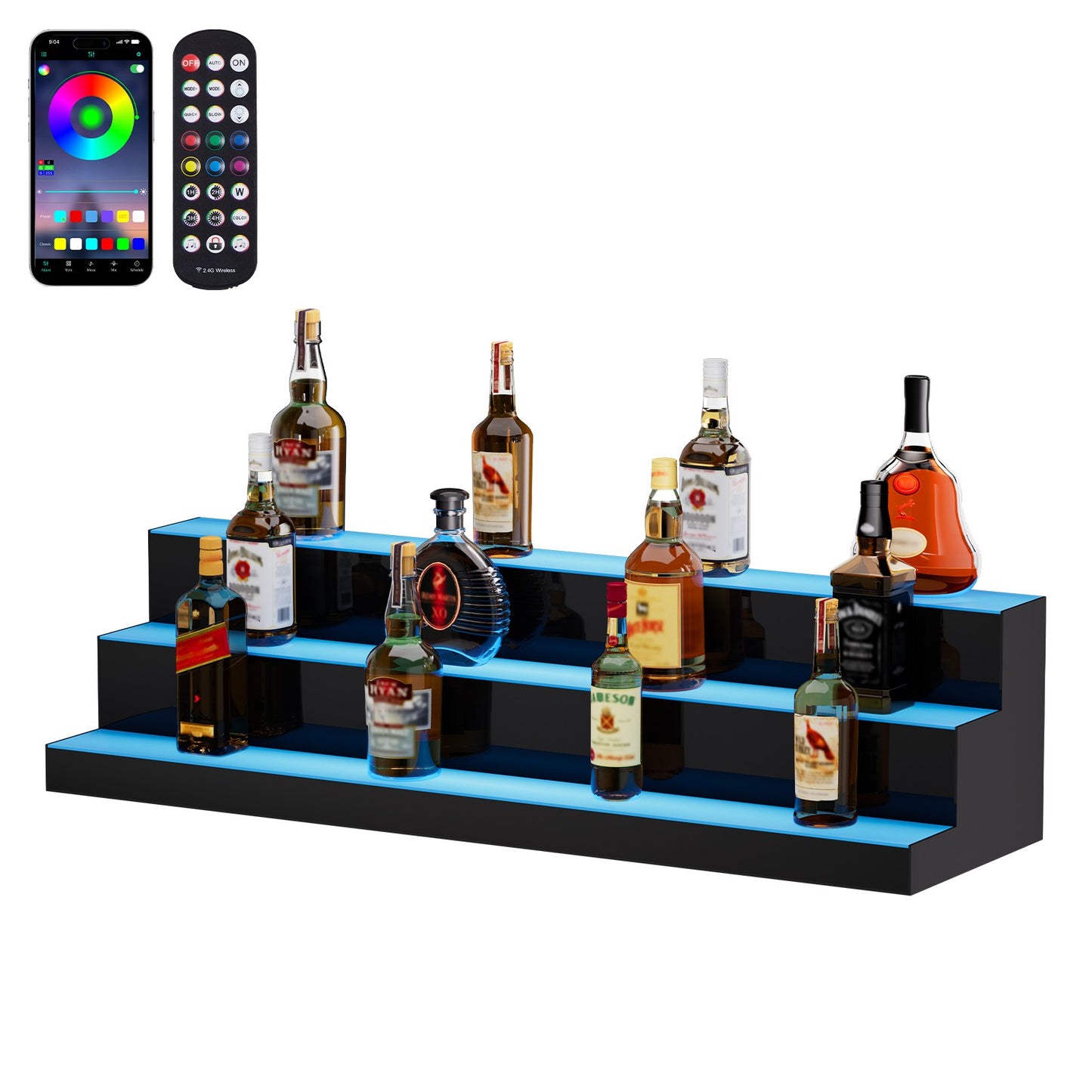 LED-upplyst spritflaska Display Bar Hylla RF & App Control 40" 3-steg