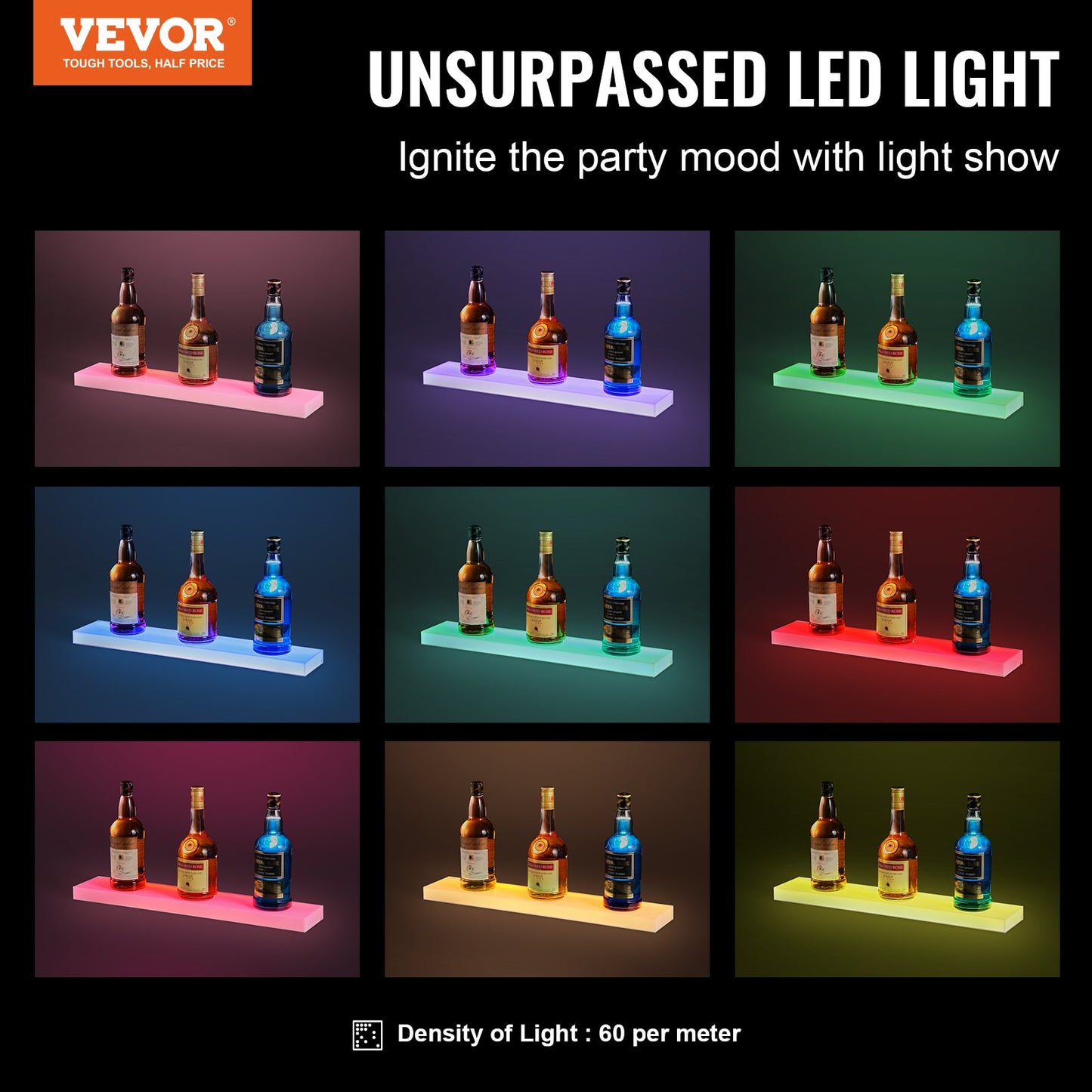 Wall Mounted LED Illuminated Liquor Bottle Display Home Bar Shelf 24" 1-Step