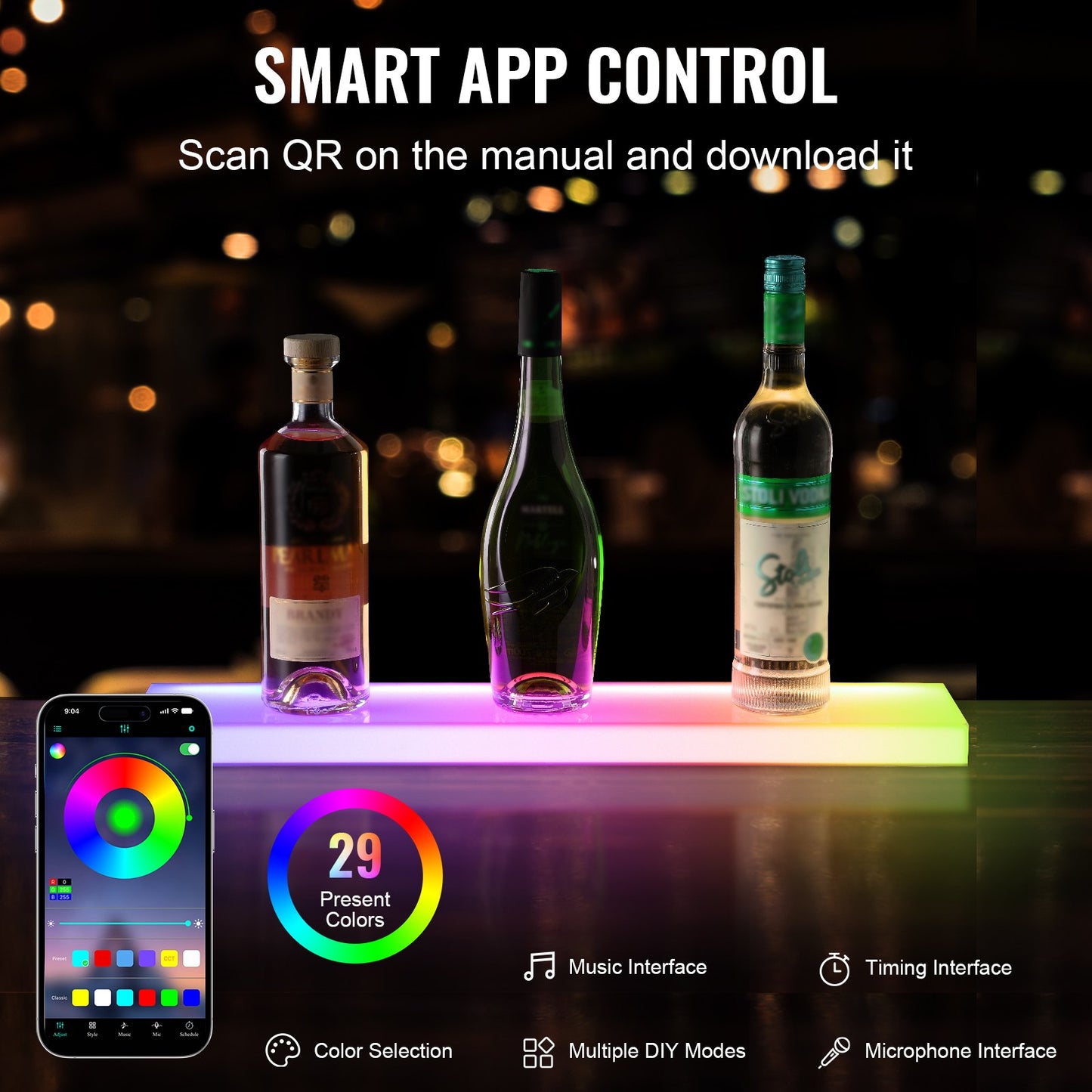 Wall Mounted LED Illuminated Liquor Bottle Display Home Bar Shelf 24" 1-Step