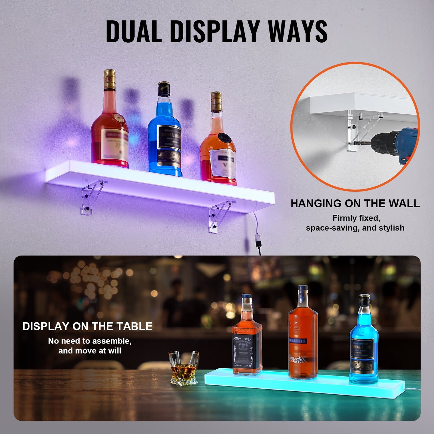 Wall Mounted LED Illuminated Liquor Bottle Display Home Bar Shelf 24" 1-Step