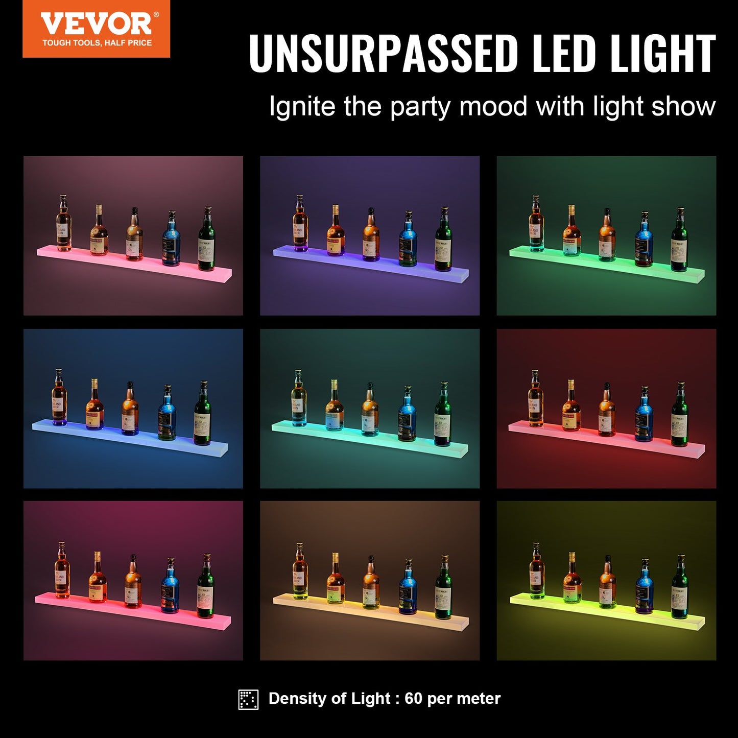 Väggmonterad LED-upplyst spritflaska Display Hemmabarhylla 40" 1-steg