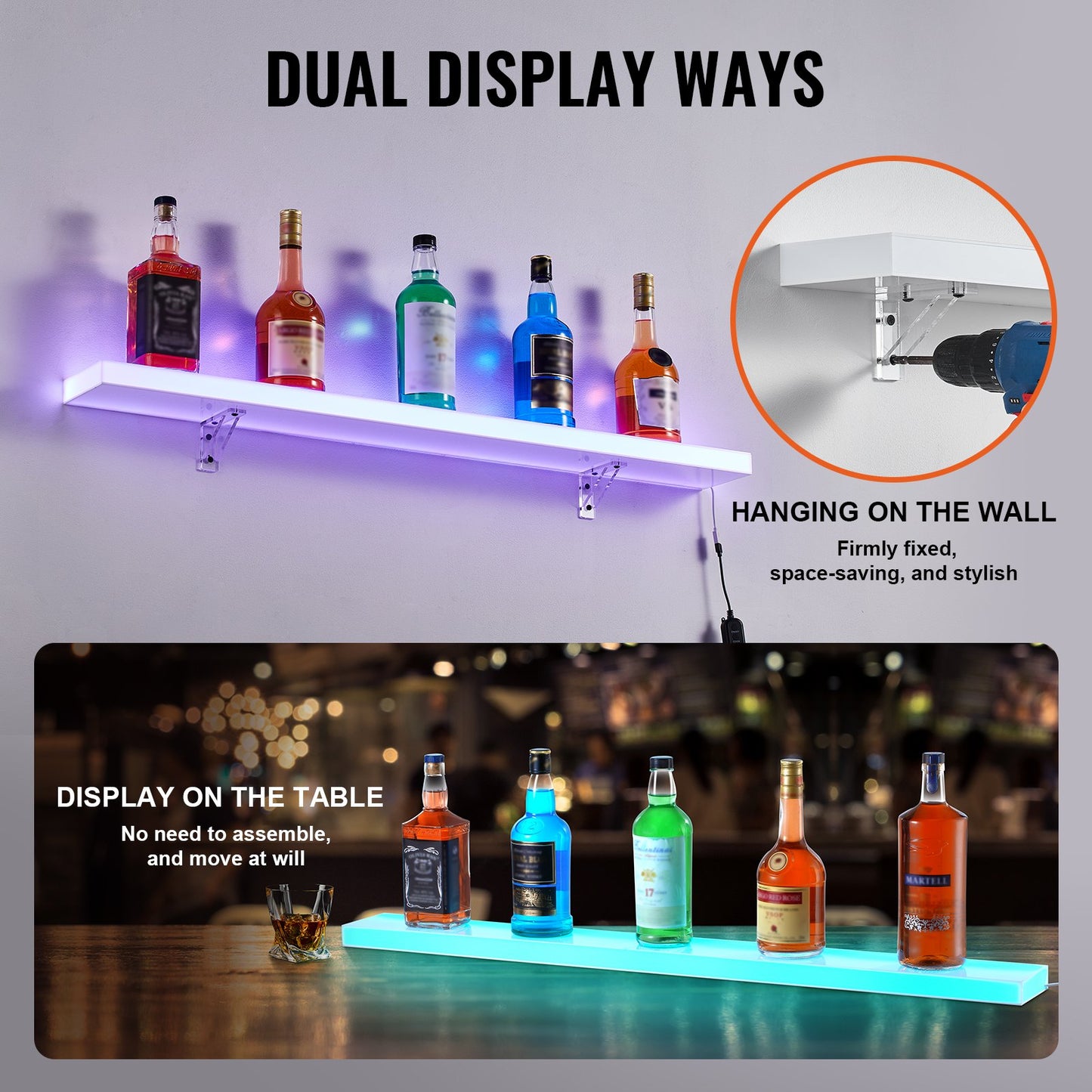 Väggmonterad LED-upplyst spritflaska Display Hemmabarhylla 40" 1-steg