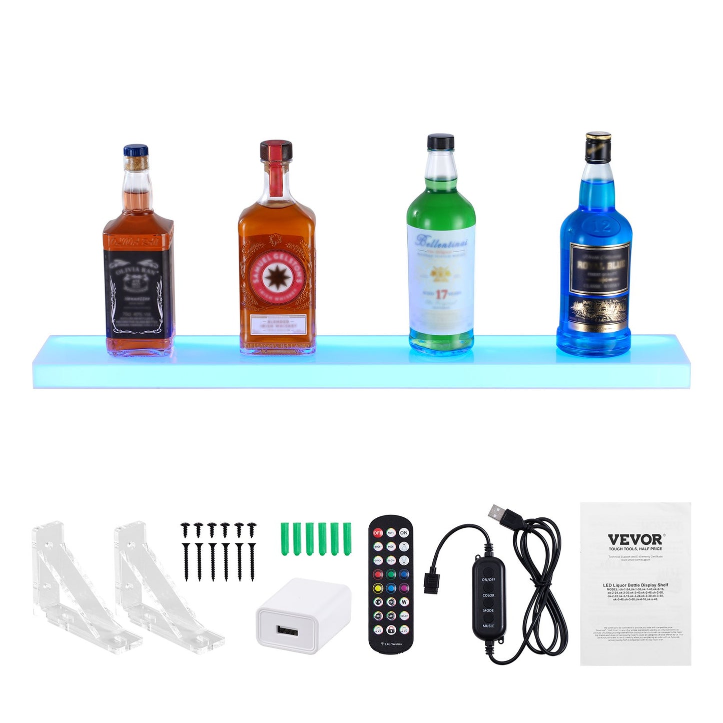 Väggmonterad LED-upplyst spritflaska Display Hemmabarhylla 30" 1-steg