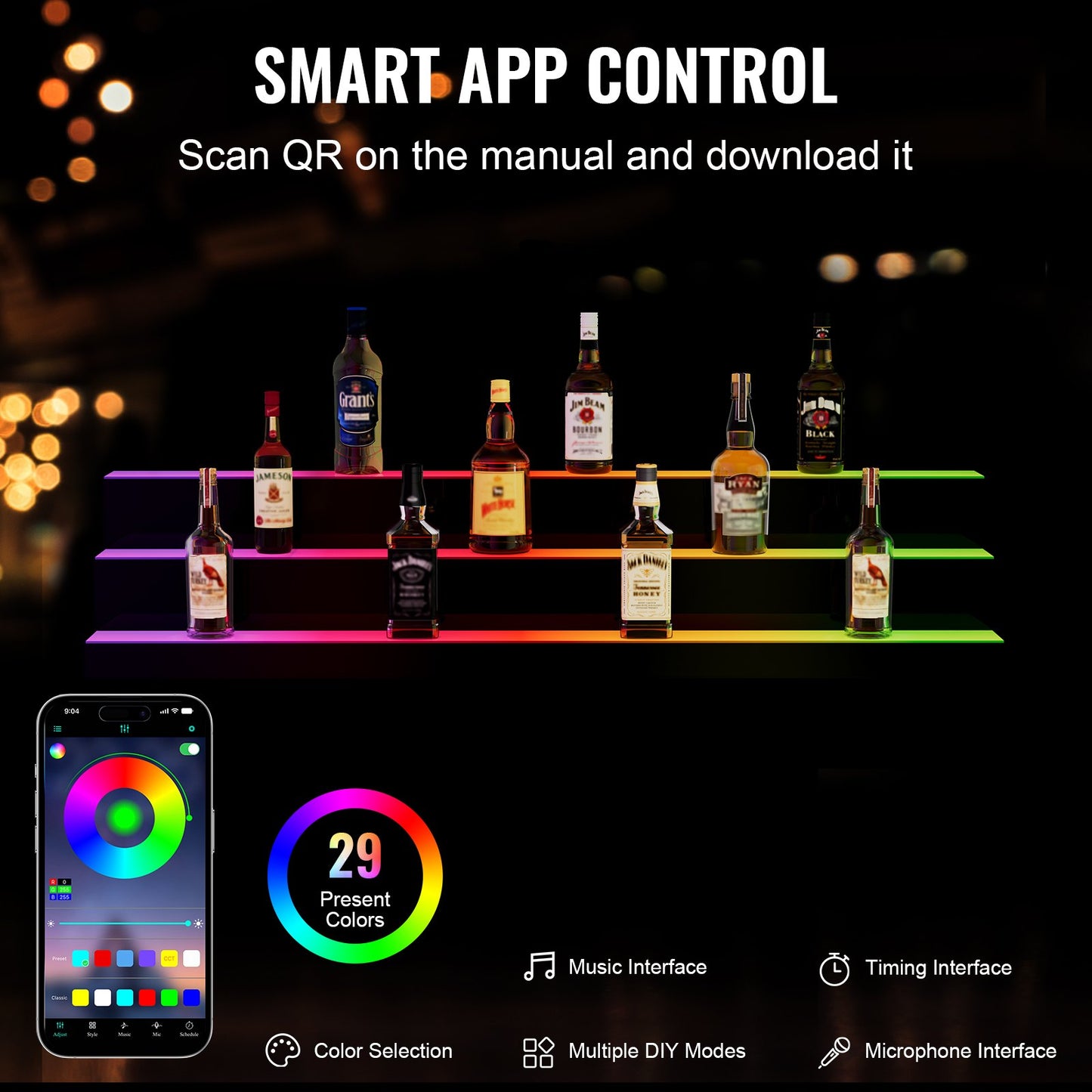 LED Illuminated Liquor Bottle Display Bar Shelf RF & App Control 48" 3-Step