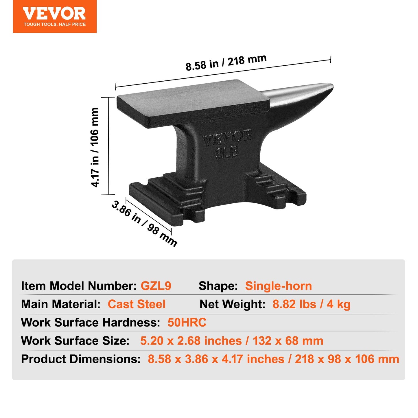 Enkelhornsstäd, 8,8 kg gjutstålstäd, städsmed med hög hårdhet, robust rundhornsstäd, kompakt design och stabil bas, smidesverktyg och utrustning, metallsmedsverktyg för bockning och formning