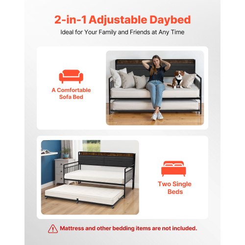 Metal daybed with double bed, pull-out bed and charging station