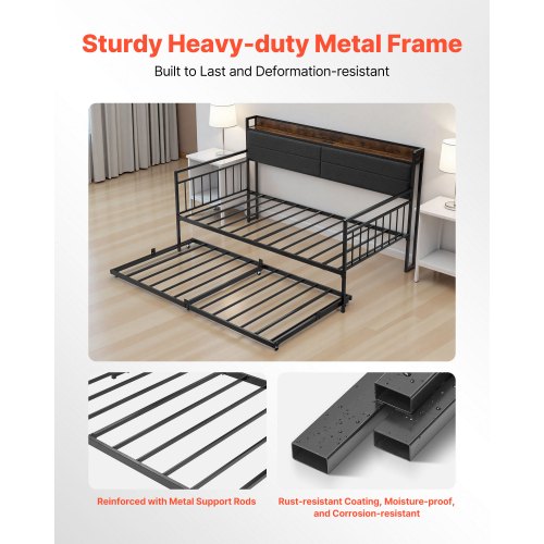 Metal daybed with double bed, pull-out bed and charging station