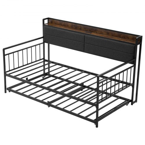 Metal daybed with double bed, pull-out bed and charging station