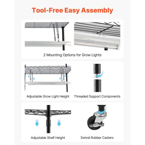 inomhusväxthus med odlingslampa, 150 cm högt växtställ med 4 nivåer, genomskinligt lock, timer och hygrometer, 180 W fullspektrum odlingslampor, metallbelyst växthylla för inomhusväxter |  EU