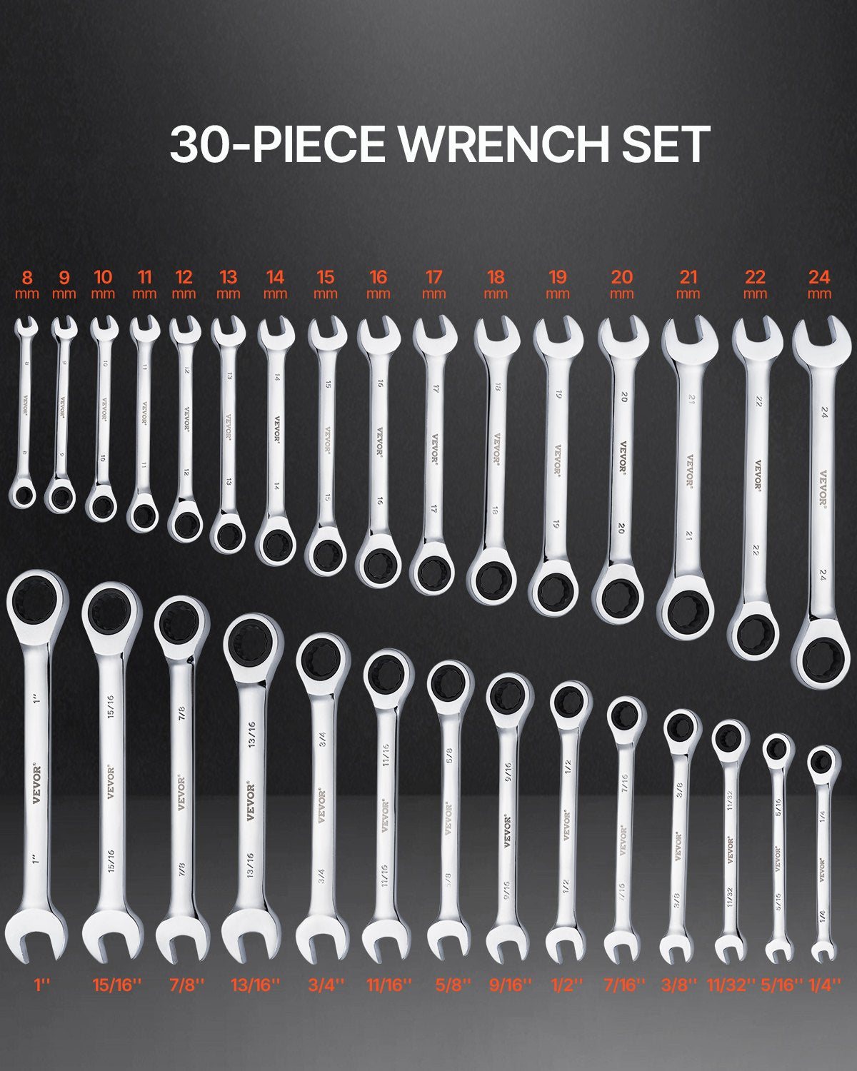 Kombinationsnyckelsats 30 ST SAE 1/4" till 1", metriskt 8-24 mm organiseringsställ