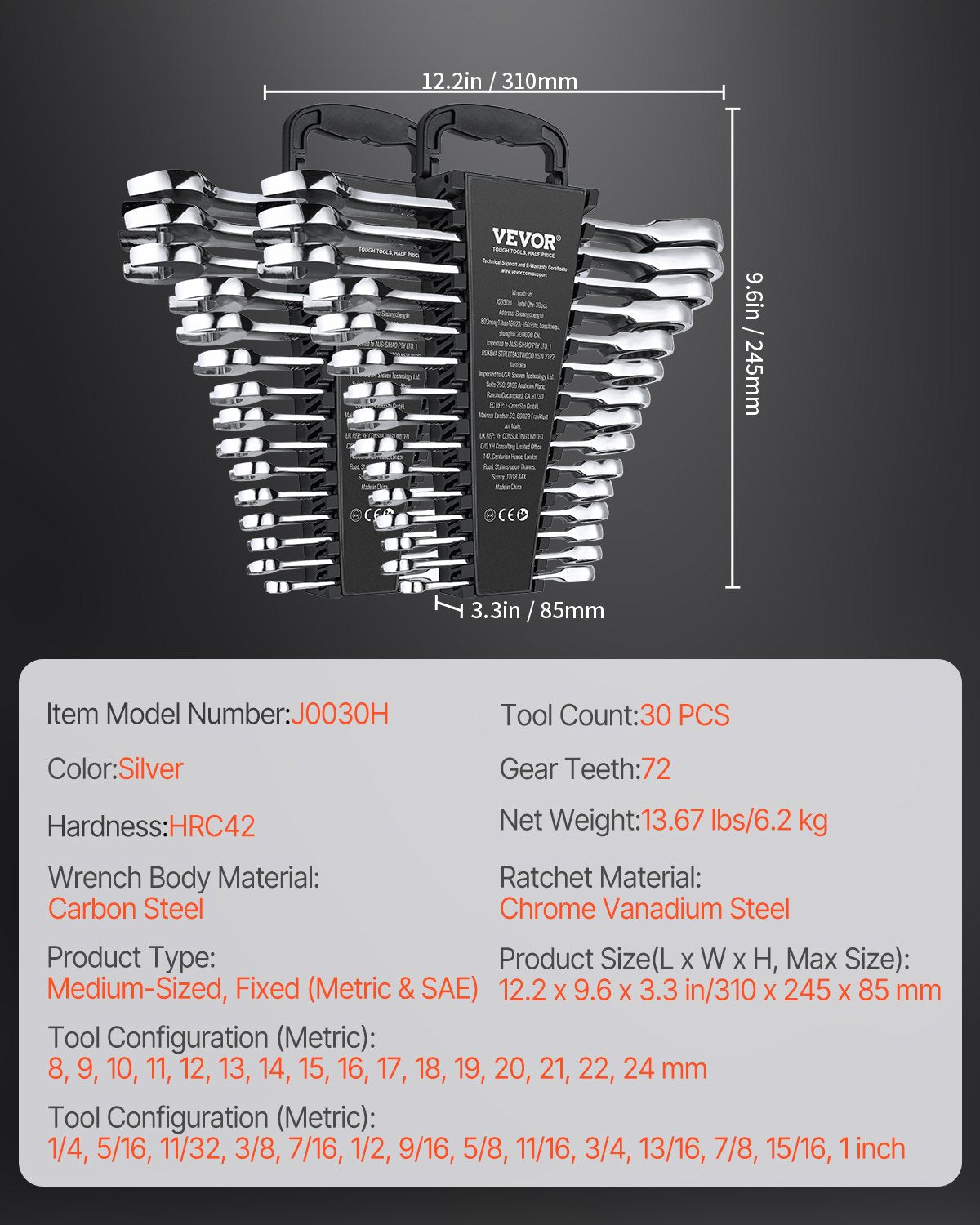 Kombinationsnyckelsats 30 ST SAE 1/4" till 1", metriskt 8-24 mm organiseringsställ