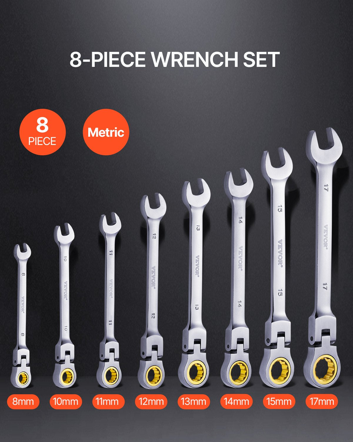 Flex-Head Ratchet Set 8 PC Metric 8 mm-17 mm with Roll-up bag