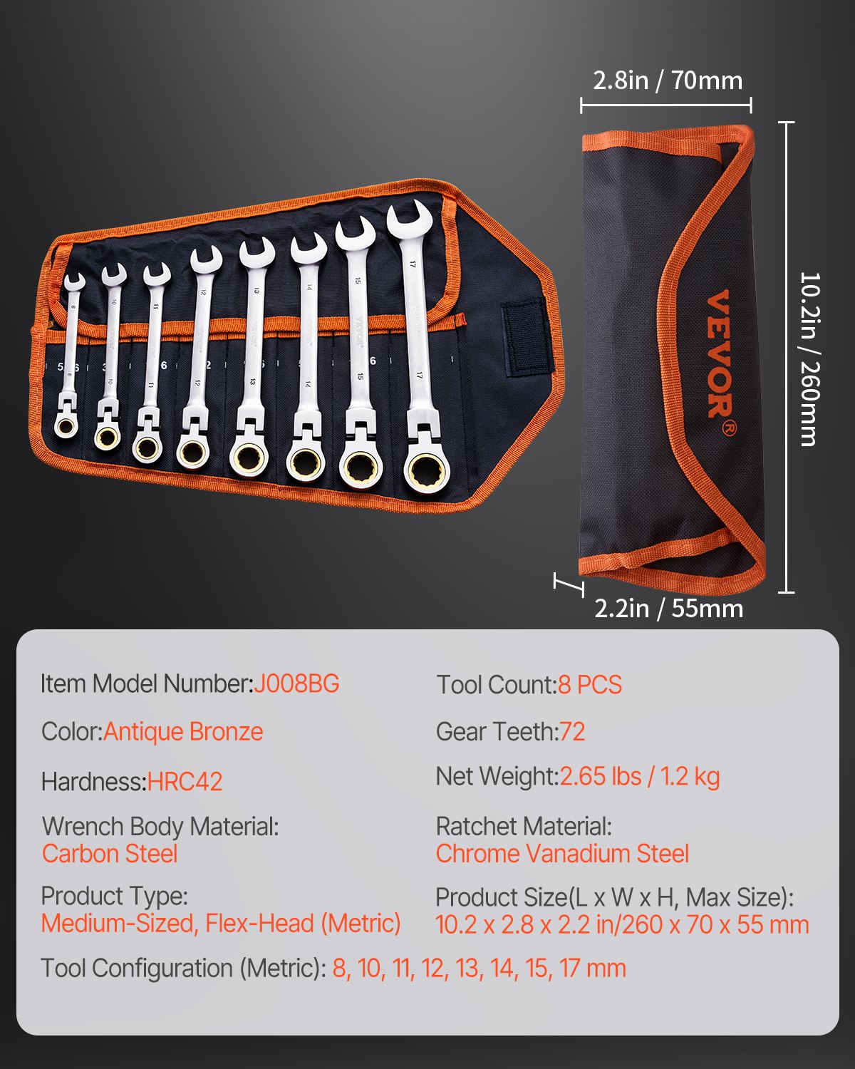 Flex-Head Ratchet Set 8 PC Metric 8 mm-17 mm with Roll-up bag