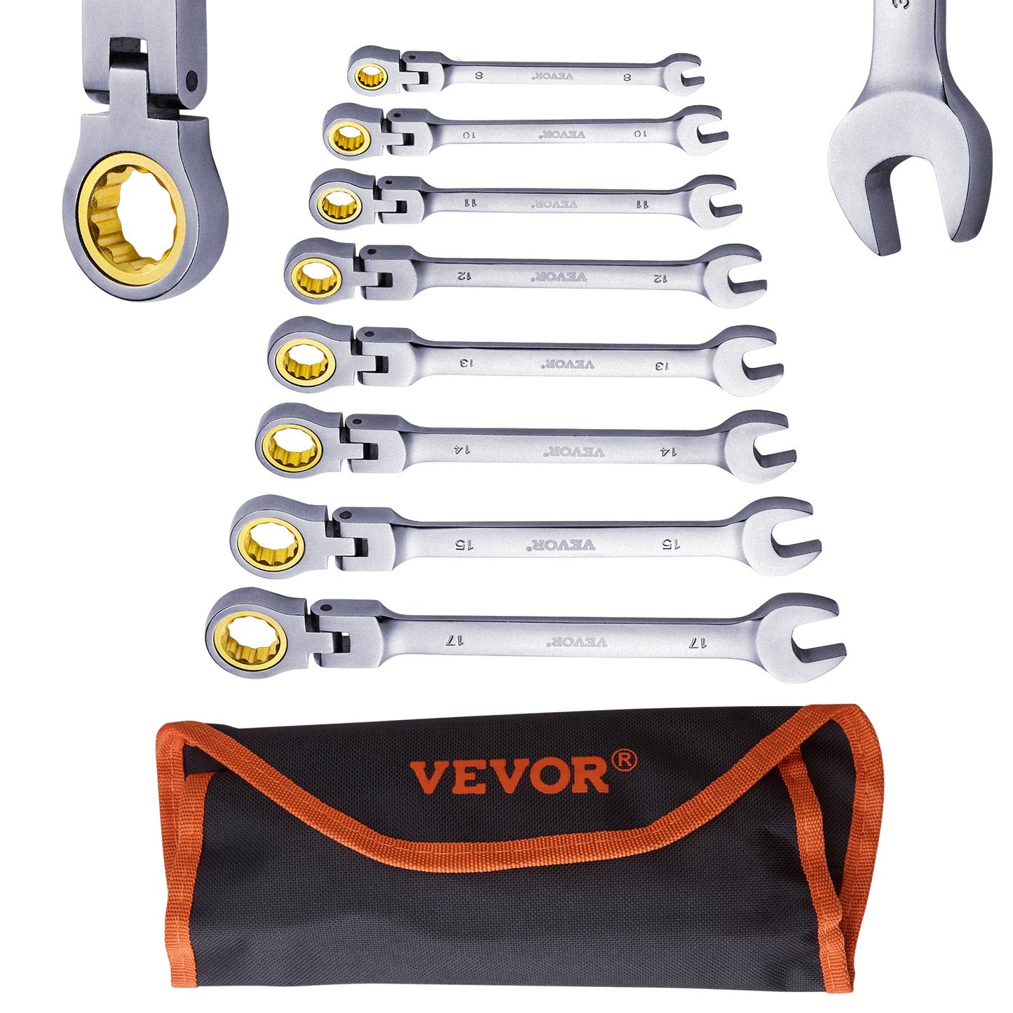 Flex-Head Ratchet Set 8 PC Metric 8 mm-17 mm with Roll-up bag