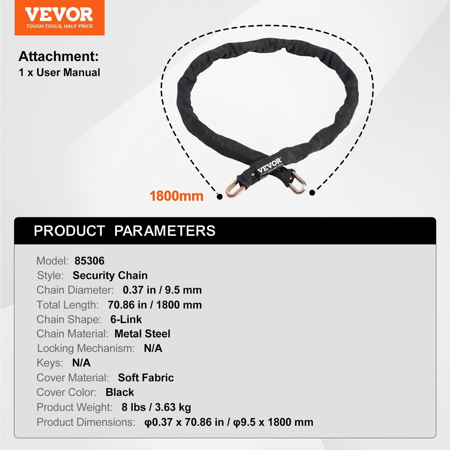 Bike Chain Lock 5,91 Ft Security Cykelkedjelås 9,5 mm Tjocklek Svart