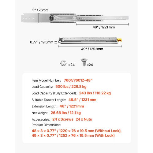 1 Paar 16-60 Zoll Soft-Close-Schubladenschienen Kugellager Vollauszug | EU