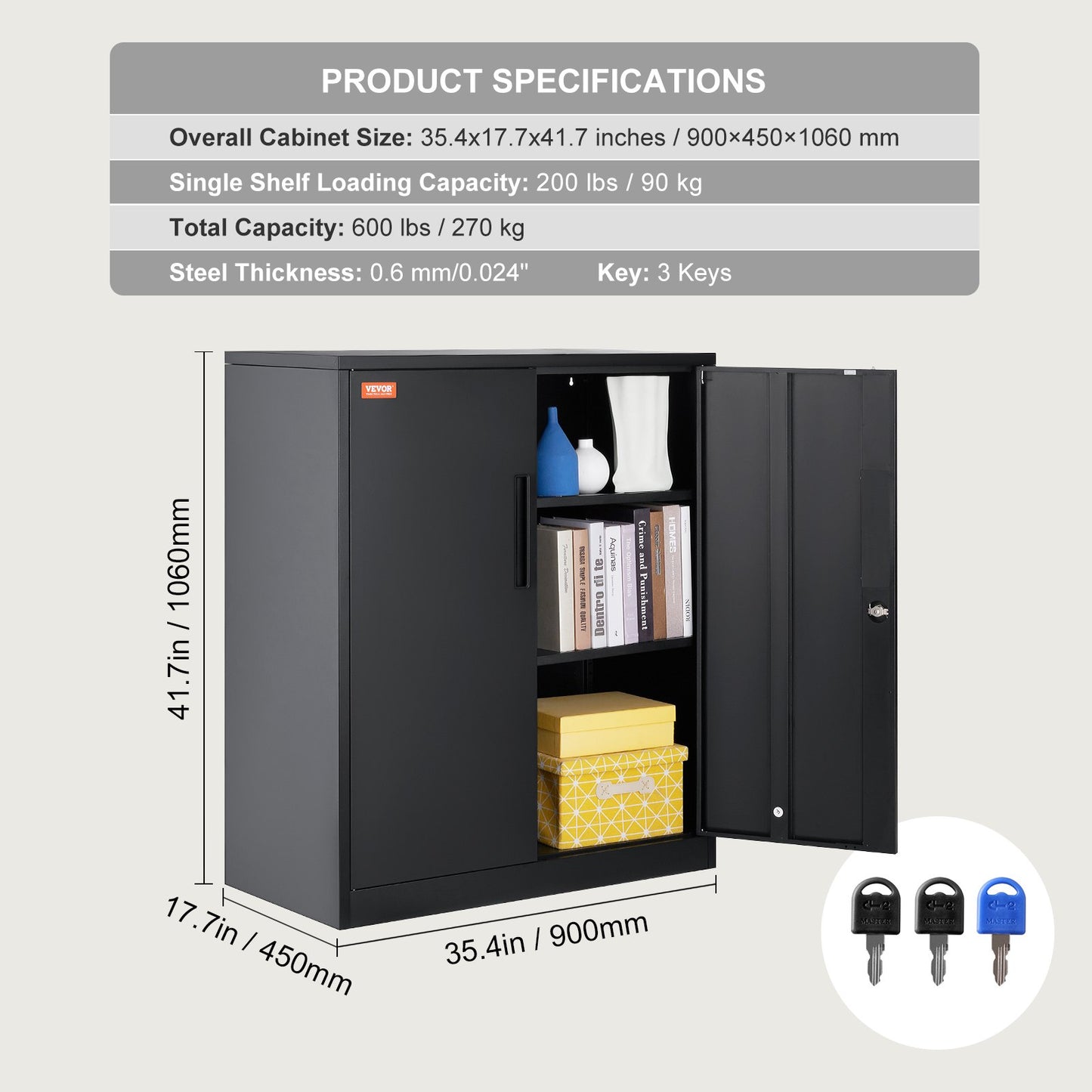 Metal Storage Cabinet with 2 Magnetic Doors and 4 Adjustable Shelves, 200 lbs Capacity Per Shelf, Locking Steel Storage Cabinet, 42'' Metal Cabinet with 3 Keys, for Office, Garage, Home, Black