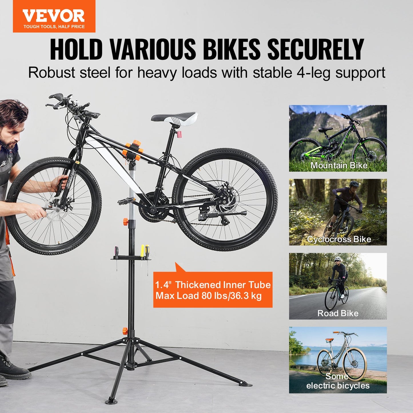 Cykelreparationsställ, 80 lbs kraftigt cykelreparationsställ i stål, justerbart arbetsställ för cykelunderhåll med magnetisk verktygsbricka Teleskoparm, hopfällbart cykelställ för hemmet, butiker