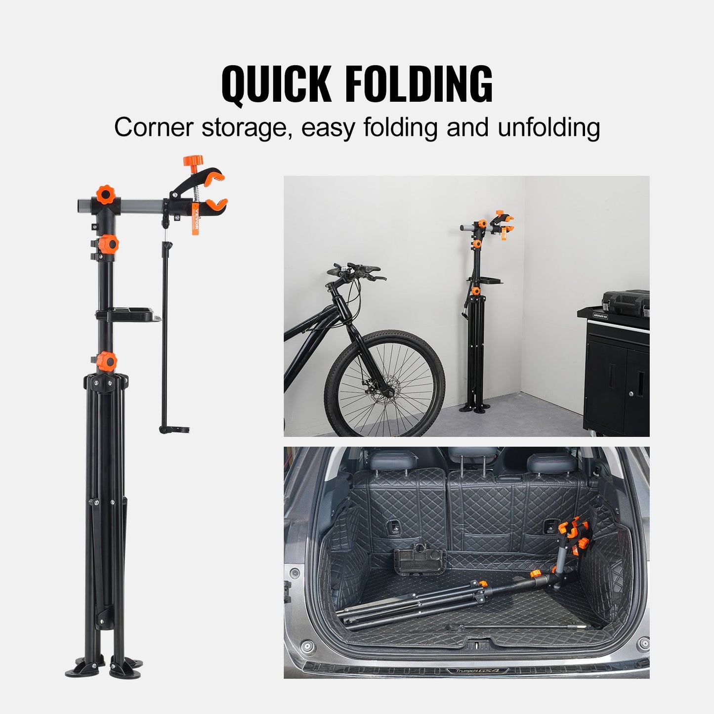 Cykelreparationsställ, 80 lbs kraftigt cykelreparationsställ i stål, justerbart arbetsställ för cykelunderhåll med magnetisk verktygsbricka Teleskoparm, hopfällbart cykelställ för hemmet, butiker