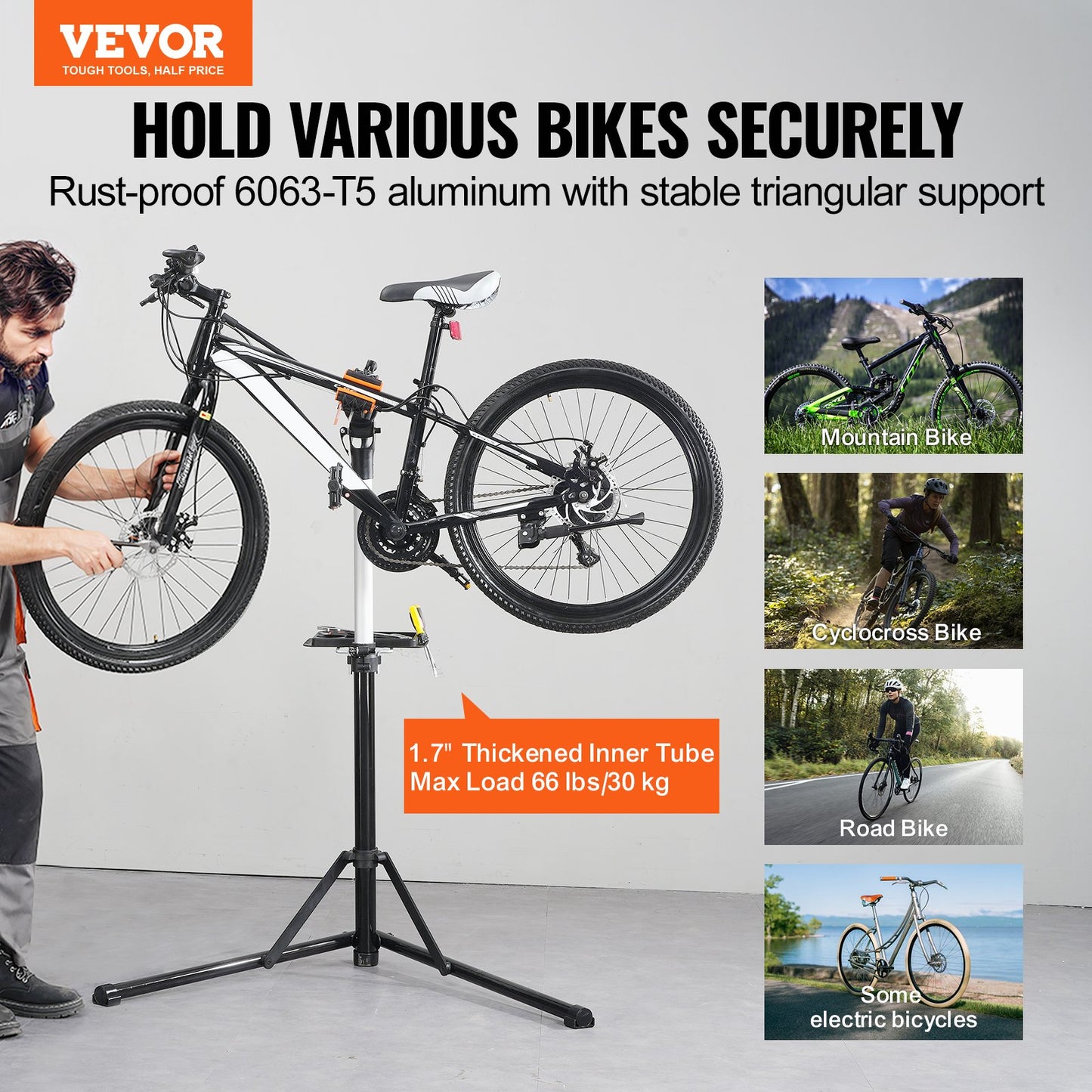 Cykelreparationsställ, 66 lbs kraftigt cykelreparationsställ i aluminium, justerbart arbetsställ för cykelunderhåll med magnetisk verktygsbricka Teleskoparm, hopfällbart cykelställ för hemmet, butiker