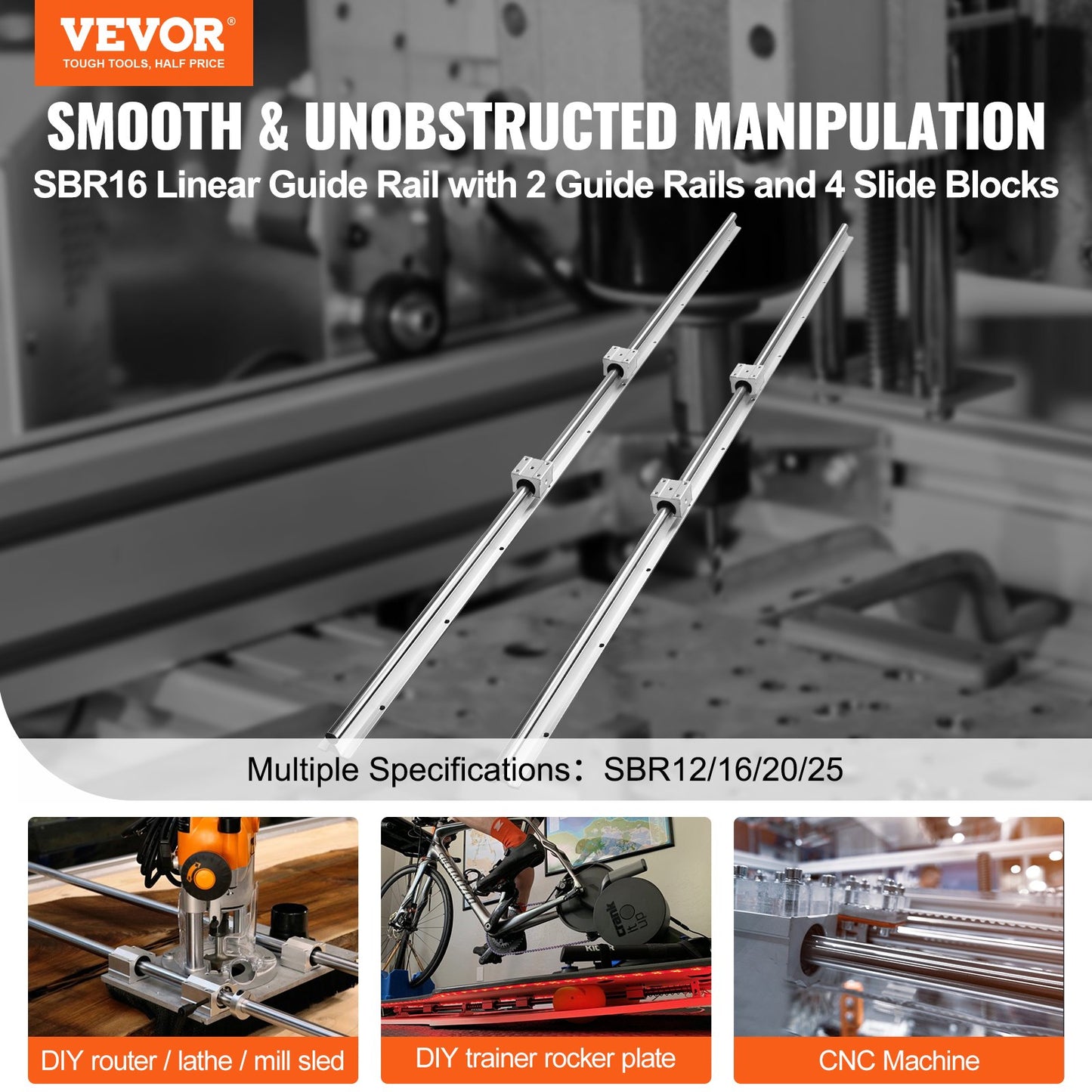 Linear Guide Rails, SBR16 1500mm, 2PCS 59inch/1500mm SBR16 Guide Rails and 4PCS SBR16UU Slide Blocks, Linear Rails and Bearing Kit for Automated Machines DIY Project CNC Router Machines