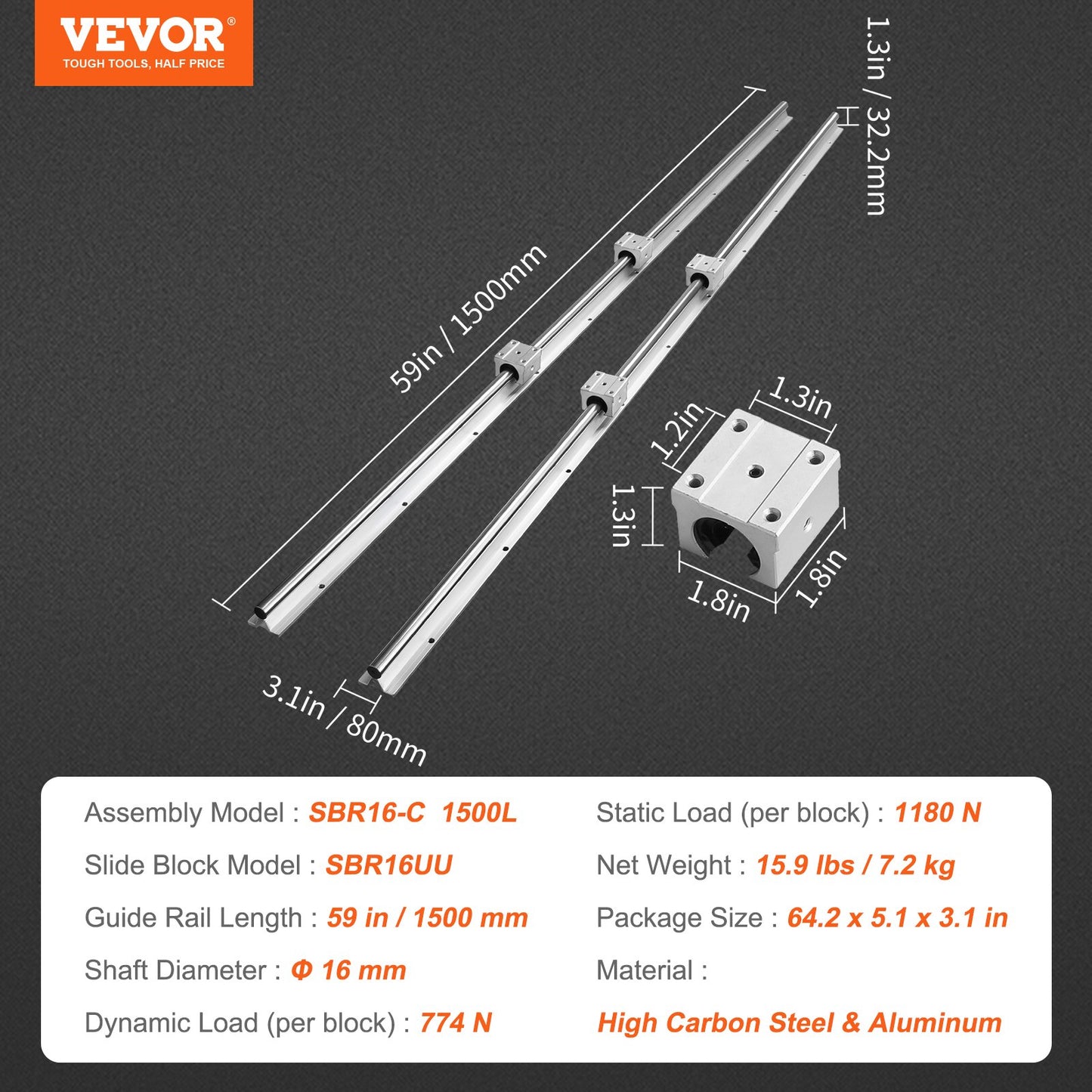 Linear Guide Rails, SBR16 1500mm, 2PCS 59inch/1500mm SBR16 Guide Rails and 4PCS SBR16UU Slide Blocks, Linear Rails and Bearing Kit for Automated Machines DIY Project CNC Router Machines