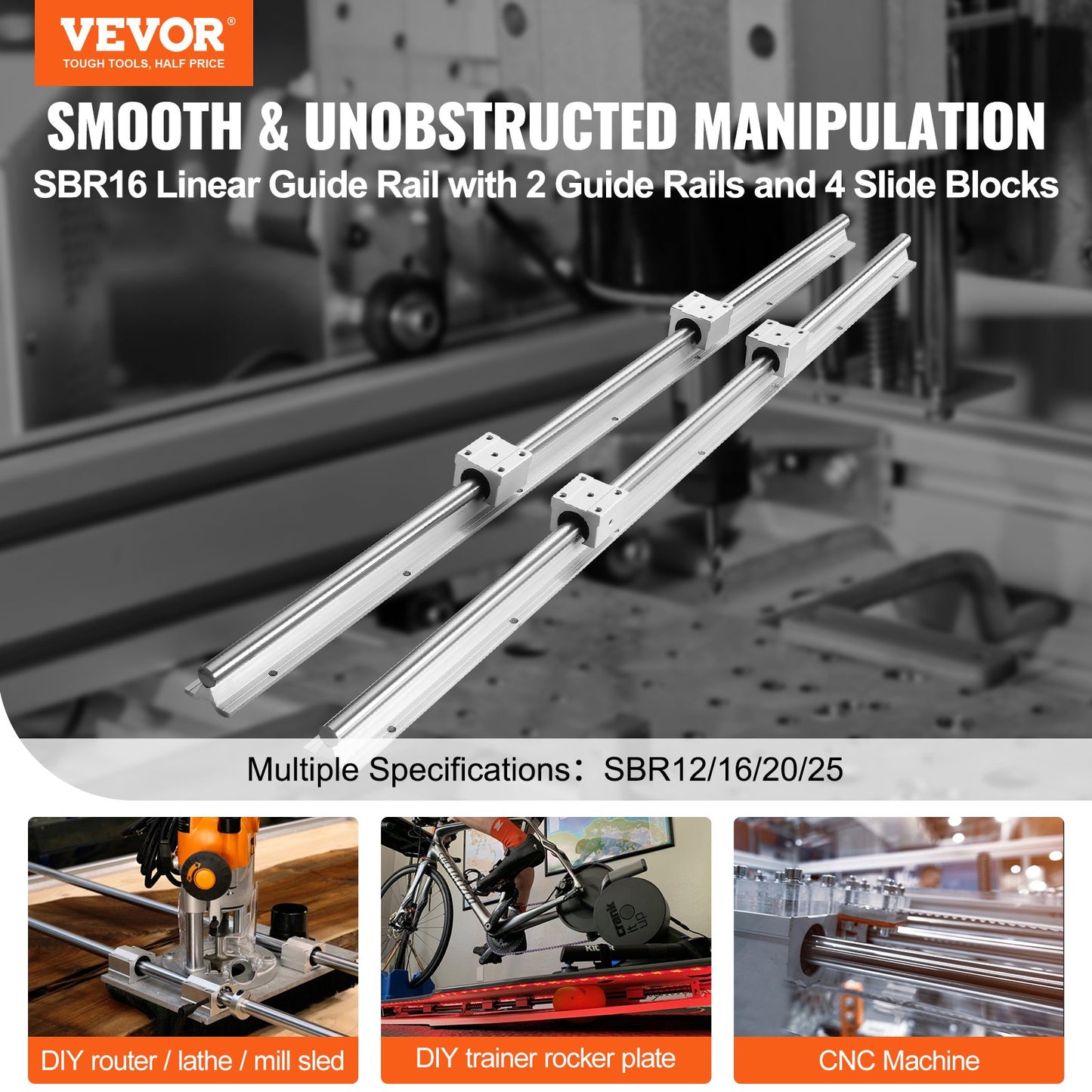 Linearführungsschienen, SBR16 800 mm, 2 Stück 31,5 Zoll/800 mm SBR16-Führungsschienen und 4 Stück SBR16UU-Gleitblöcke, Linearschienen und Lagersatz für automatisierte Maschinen, DIY-Projekt-CNC-Fräsmaschinen