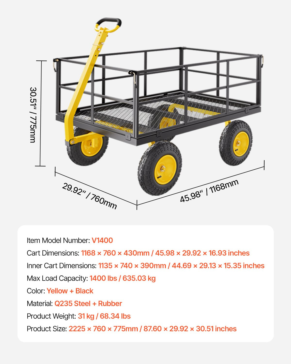Steel Garden Cart 1400lb Capacity Heavy Duty Yard Wagon Cart 13in Tires