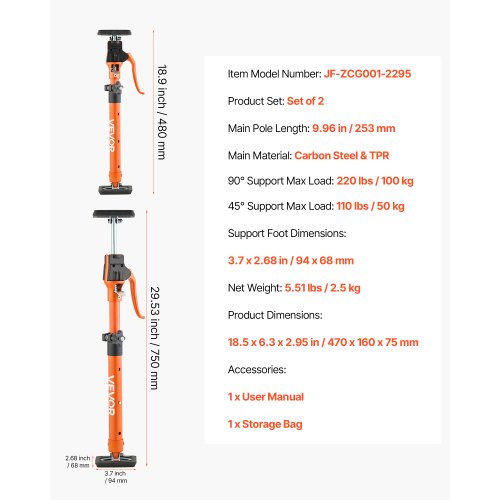 Skåpdomkraftsstöd, 2-pack, 48-75 cm teleskopisk snabbstödstång i stål, justerbart 3:e handssystem upp till 100 kg kapacitet för installation av skåp, lyft av gipsväggar, laststänger | EU