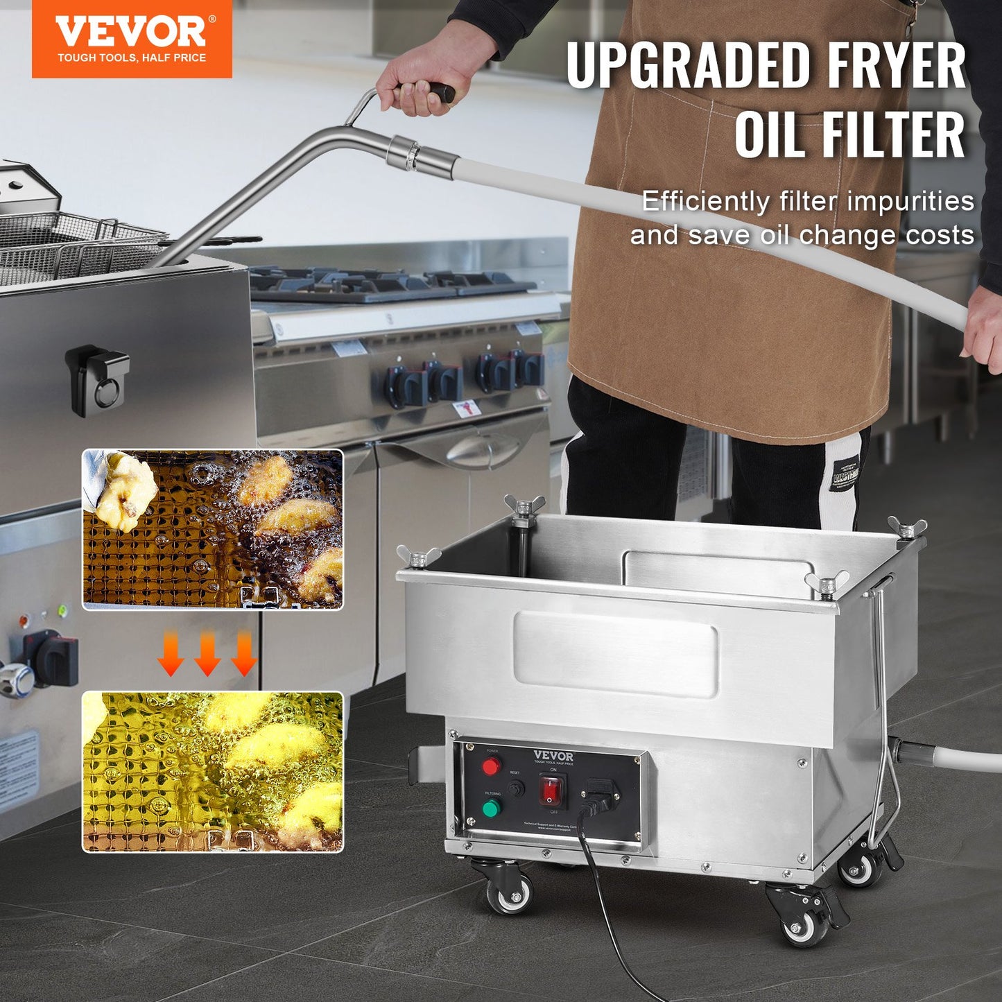 Mobiler Fritteusenfilter, 18 L Öltankkapazität, Ölfiltersystem mit 10 l/min Ölfiltrationsrate, Mobiles Fritteusenölfiltersystem mit Schwenkrädern, Ölschlauch für Hamburger im Restaurant