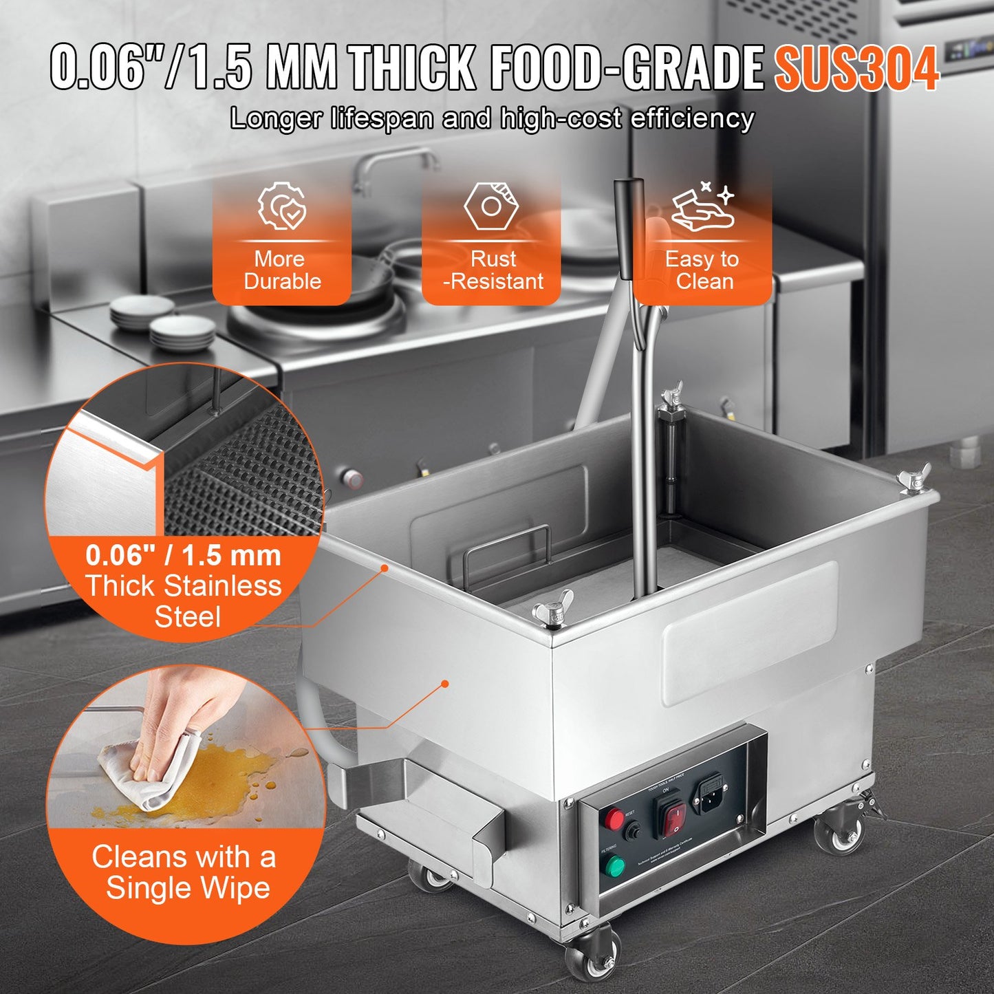Mobiler Fritteusenfilter, 18 L Öltankkapazität, Ölfiltersystem mit 10 l/min Ölfiltrationsrate, Mobiles Fritteusenölfiltersystem mit Schwenkrädern, Ölschlauch für Hamburger im Restaurant