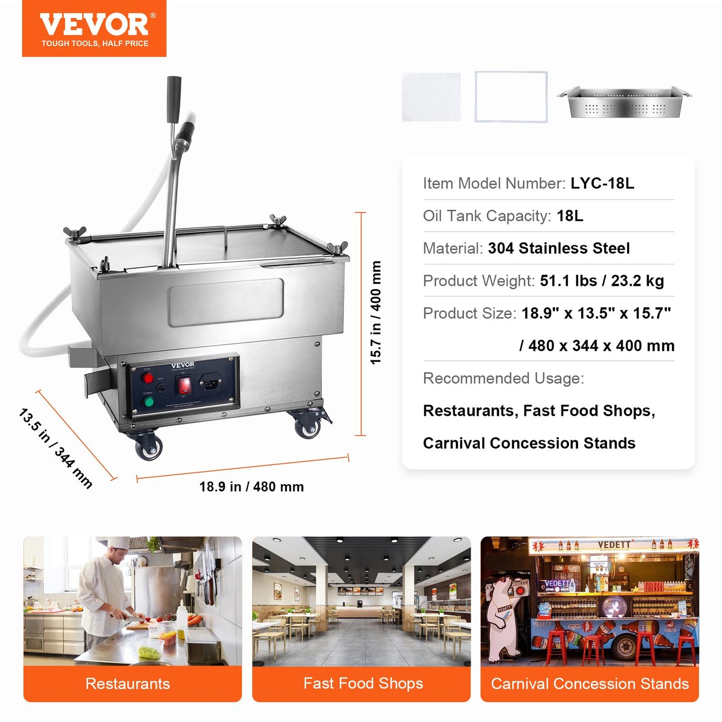 Mobiler Fritteusenfilter, 18 L Öltankkapazität, Ölfiltersystem mit 10 l/min Ölfiltrationsrate, Mobiles Fritteusenölfiltersystem mit Schwenkrädern, Ölschlauch für Hamburger im Restaurant