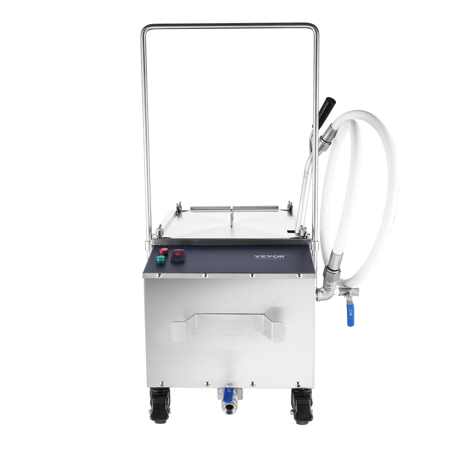 Mobile fryer filter, 38L oil tank capacity, oil filtration system with 10L/min oil filtration rate, mobile fryer oil filtration system with swivel wheels, oil hose for restaurant burgers