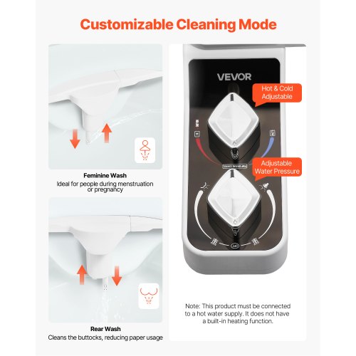 Bidet accessory for toilet, hot and cold, dual nozzles, adjustable pressure