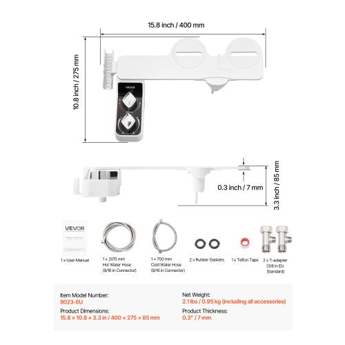 Bidet accessory for toilet, hot and cold, dual nozzles, adjustable pressure