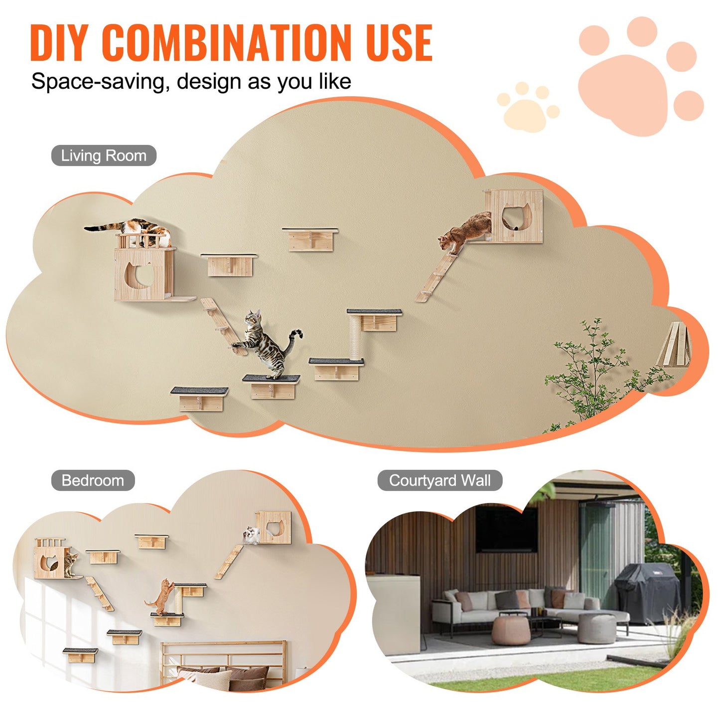 Wall Mounted Cat Shelves Tree with Jumping Boards Nests Hammock Set of 9