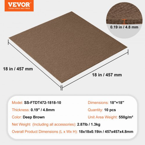 Carpet Tiles Peel and Stick, 18" x 18" Square Self-Adhesive Carpet Floor Tiles, Soft Padded Rugs, Easy Install DIY for Bedroom Living Room Indoor Outdoor (10 Tiles, Dark Brown) | EU