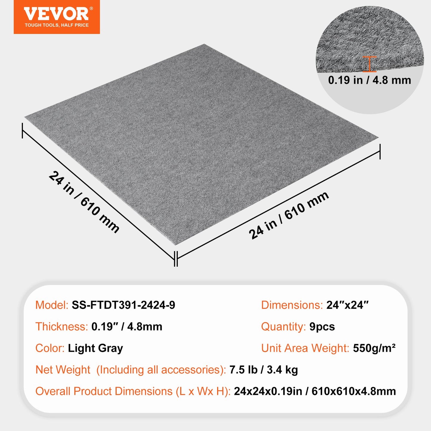 Carpet Tiles Peel and Stick, 24" x 24" Square Self-Adhesive Carpet Floor Tiles, Soft Padded Rugs, Easy Install DIY for Bedroom Living Room Indoor Outdoor (9 Tiles, Light Gray)