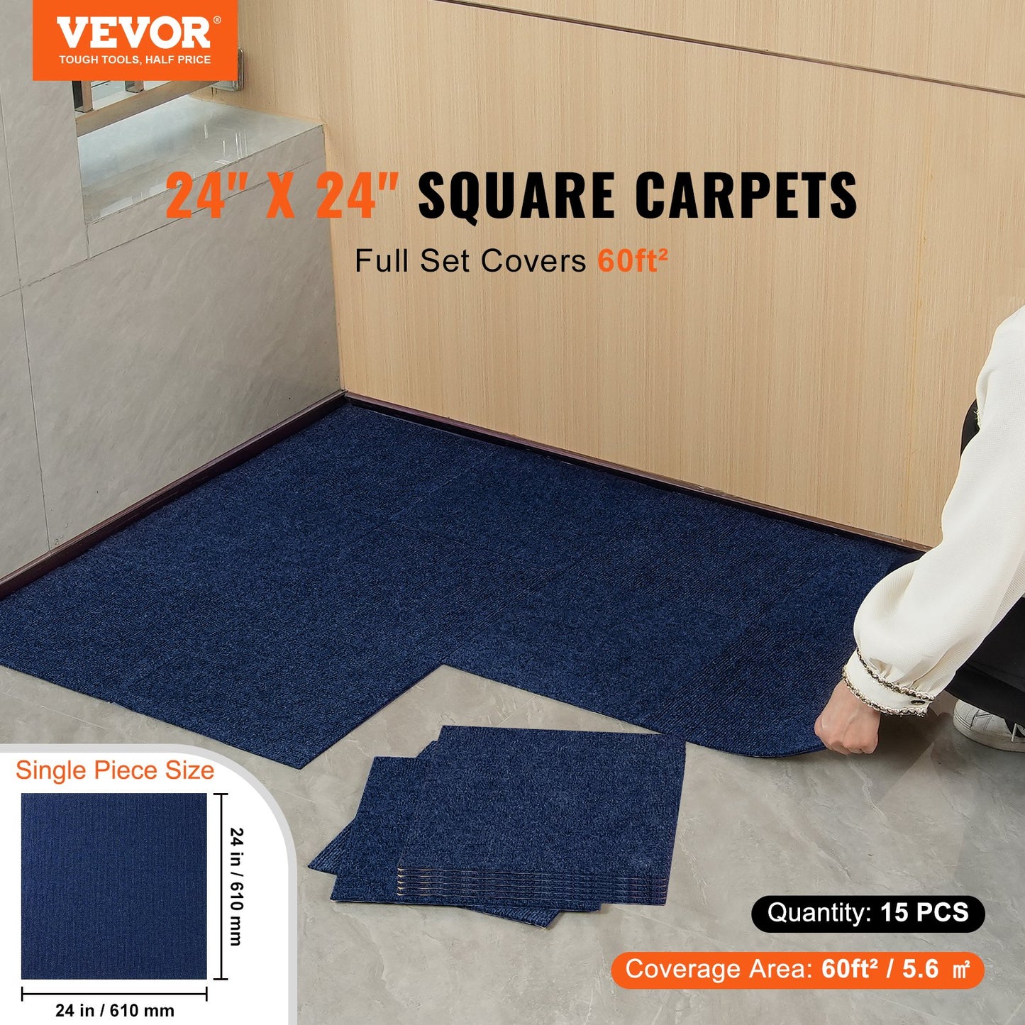 Carpet Tiles Peel and Stick, 24" x 24" Square Self-Adhesive Carpet Floor Tiles, Soft Padded Rugs, Easy Install DIY for Bedroom Living Room Indoor Outdoor (15 Tiles, Dark Blue)