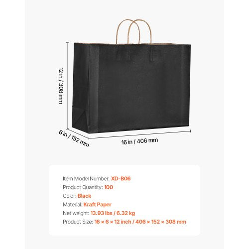 Kraftpapperspåsar med handtag 100 st 16x6x12 i partypåse svart | EU