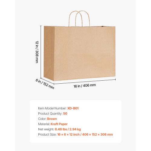 Kraftpapperspåsar med handtag 50 st 16x6x12 i partypåse brun | EU