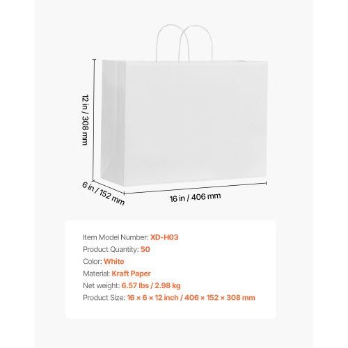 Kraftpapperspåsar med handtag 50 st 16x6x12 i festpåse vit | EU