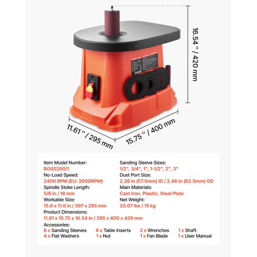 oscillerande spindelslip, 2000 varv/min bänkslip med 6 hylsor (12,7–76,2 mm), 16 mm slaglängd och 397 x 295 mm gjutjärnsbord för möbelfinish, hantverksslipning, gör-det-själv-träbearbetning | EU