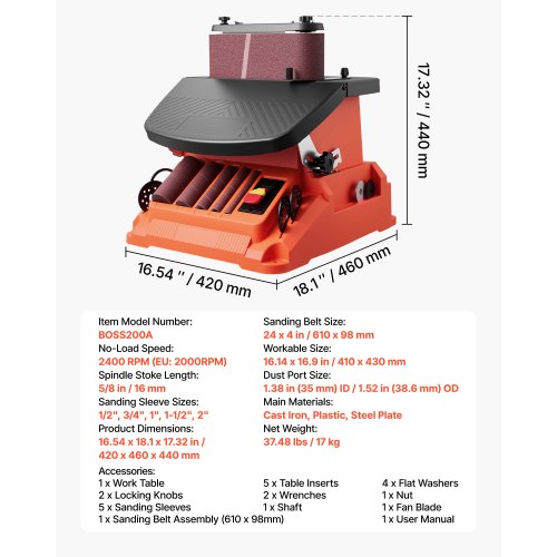 Oscillerande band- och spindelslip, 2000 varv/min bänkspindelslip med 16 mm slaglängd, 5 hylsor (12,7–50,8 mm) och 610 x 98 mm slipband för träbearbetning, möbelslipning, gör-det-själv-projekt | EU